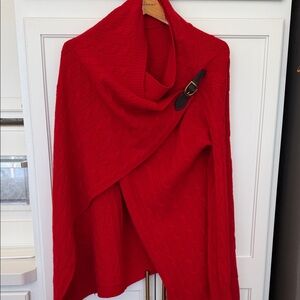 Ralph Lauren Red Cable-Knit Wool/Cashmere Poncho with Buckle Detail | Size Small